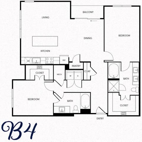 Floor plan for 2 beds, 2 baths, 1352 sqft
